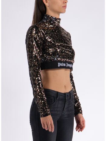 T-SHIRT CROPPED LONGSLEEVE LOGO TAPE SEQUINS, 6010 BROWN BLACK, small