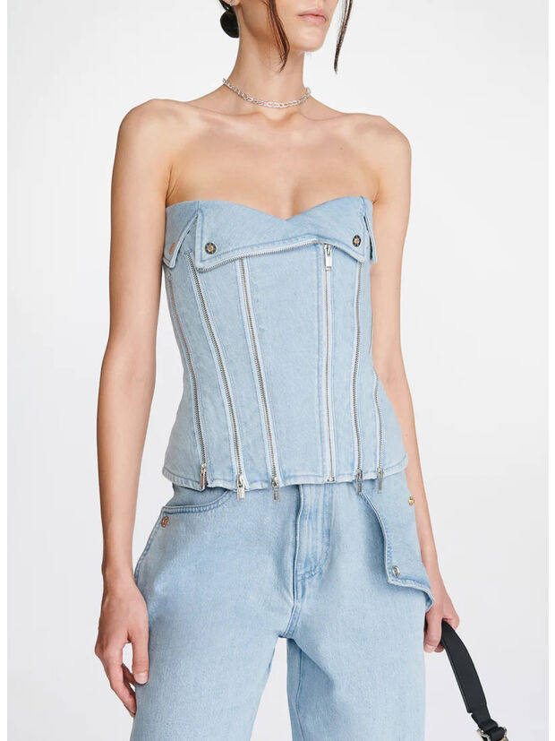 TOP IN DENIM BIKER CORSET, CYAN, large