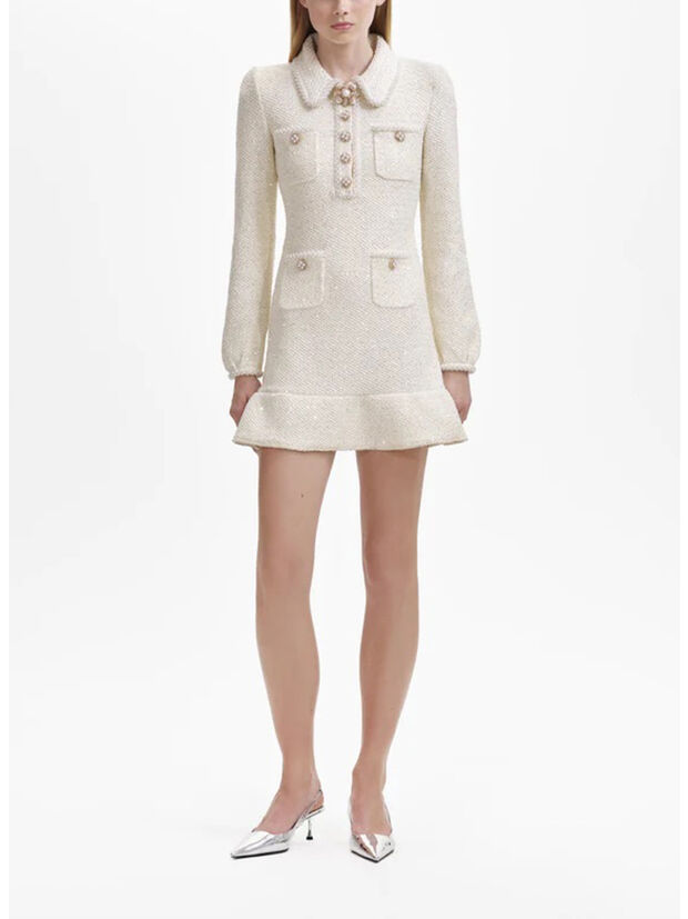 ABITO CREAM PAILLETTES KNIT PEARL MINI DRESS, CREAM, large