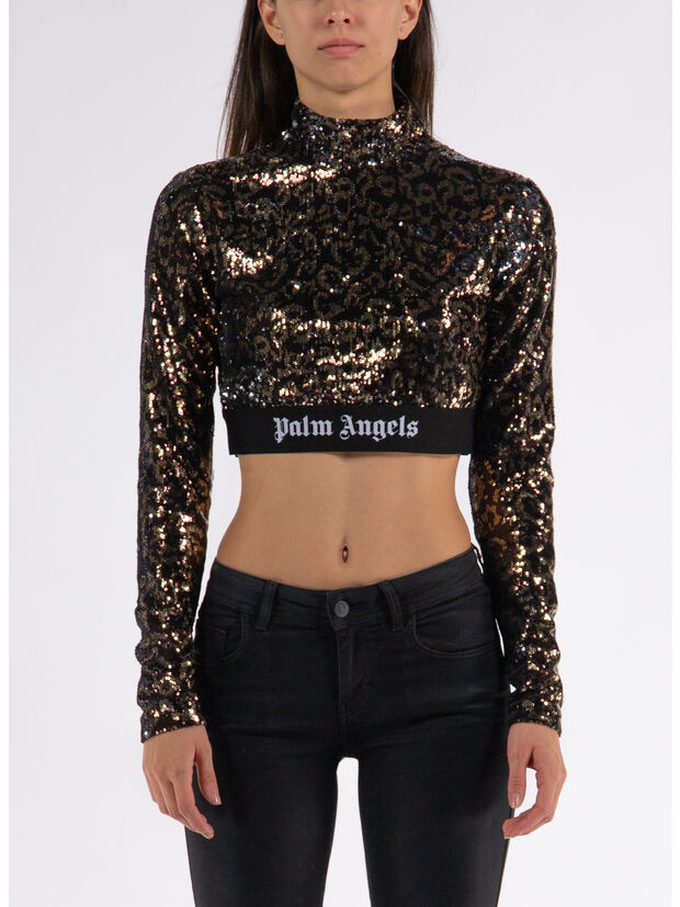 T-SHIRT CROPPED LONGSLEEVE LOGO TAPE SEQUINS, 6010 BROWN BLACK, large