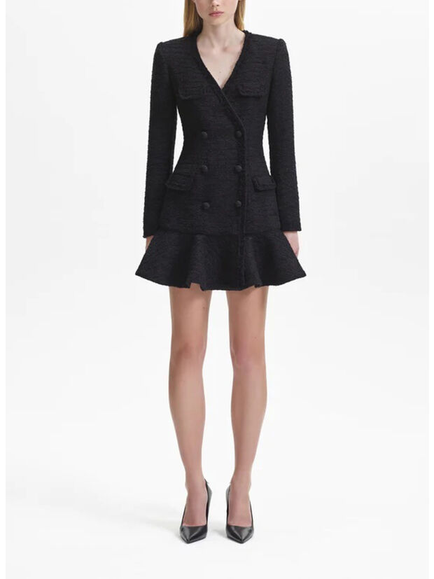 ABITO BLACK BOUCLE V-NECK MINI DRESS, BLACK, large