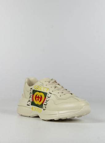 SCARPA SNEAKER RHYTON IN PELLE CON LOGO GUCCI, 9522IVOIRE, small
