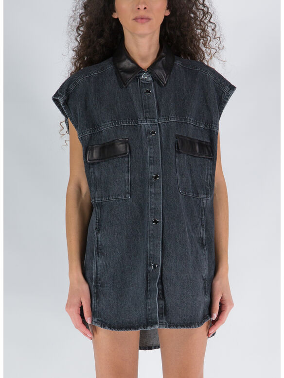 CAMICIA SLEEVELESS BOXY SHIRT WITH LEATHER, 800 BLACK, medium