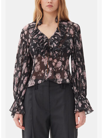 BLUSA PLEATED GEORGETTE CON COLLO A V, 252 PHANTOM, small