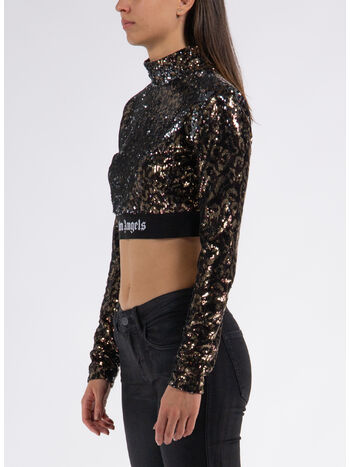T-SHIRT CROPPED LONGSLEEVE LOGO TAPE SEQUINS, 6010 BROWN BLACK, small