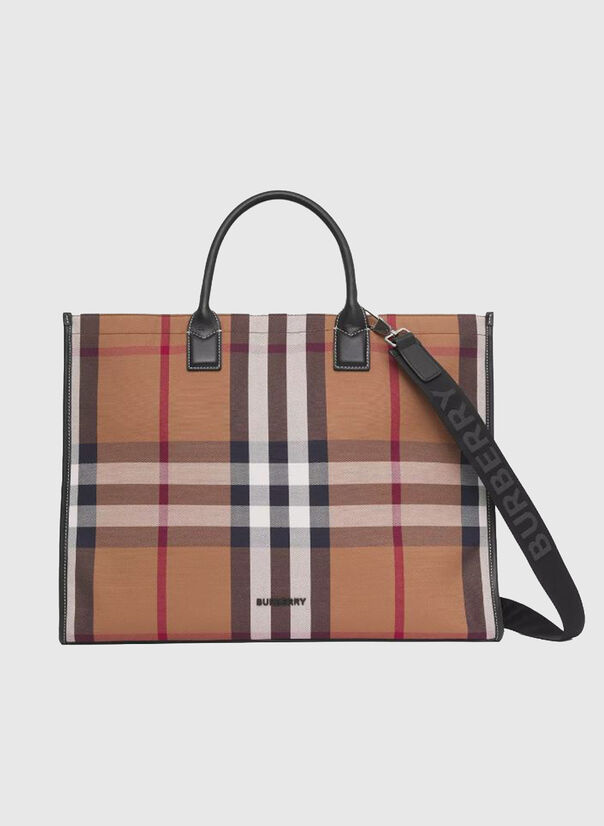 BORSA TOTE IN TELA DI COTONE CON MOTIVO TARTAN, BIRCHBROWN, large