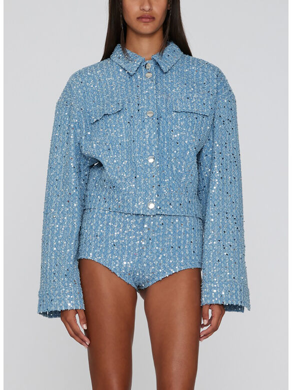 GIACCA EMBELLISHED DENIM CROPPED BIKER, D02 MEDIUM BLUE, medium