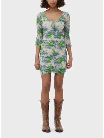 ABITO CORTO PRINTED MESH U NECK RUCHED, 135 EGRET, small