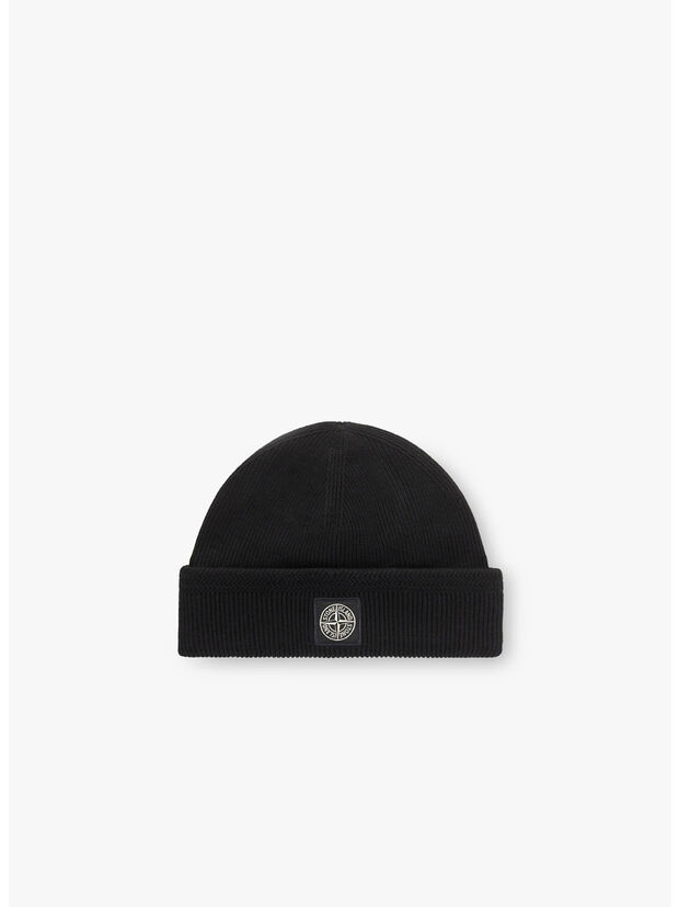 CAPPELLO IN MAGLIA CON PATCH COMPASS E RISVOLTO A COSTINE, V0029 BLACK, large