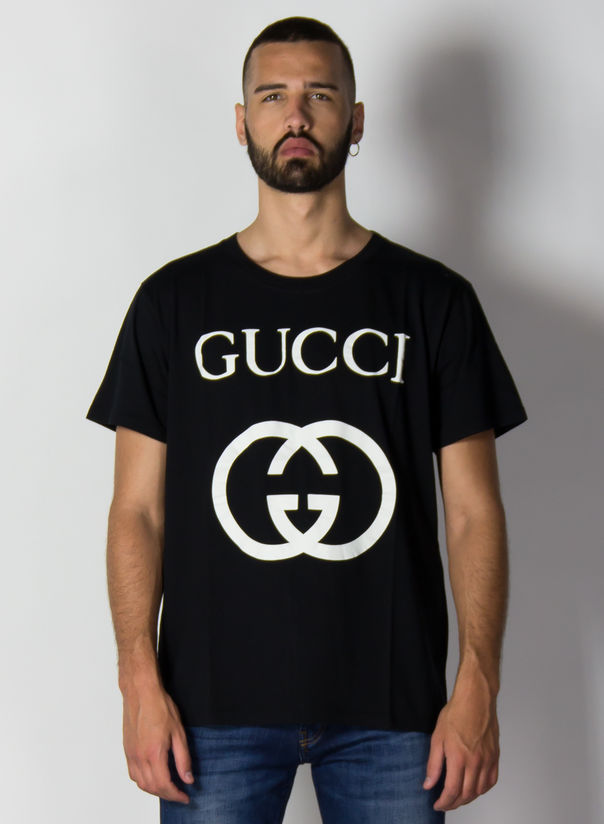 T-SHIRT OVERSIZE CON STAMPA GG, 1289BLACKIVORY, large