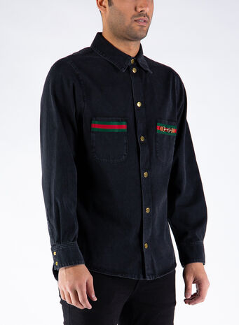 CAMICIA IN DENIM ORGANICO CON LAVAGGIO ECO E NASTRO WEB, 1043BLACKMIX, small
