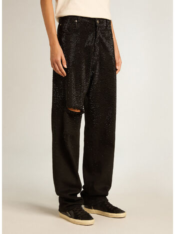 PANTALONE IN DENIM DI COTONE E CRISTALLI, 90100 BLACK, small