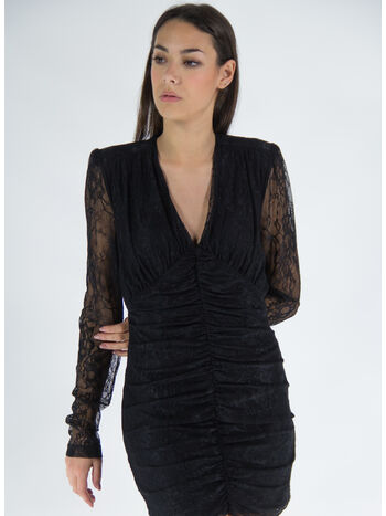 ABITO MESH LACE RUCHED MINI DRESS, 19-4004 TCX BLACK, small
