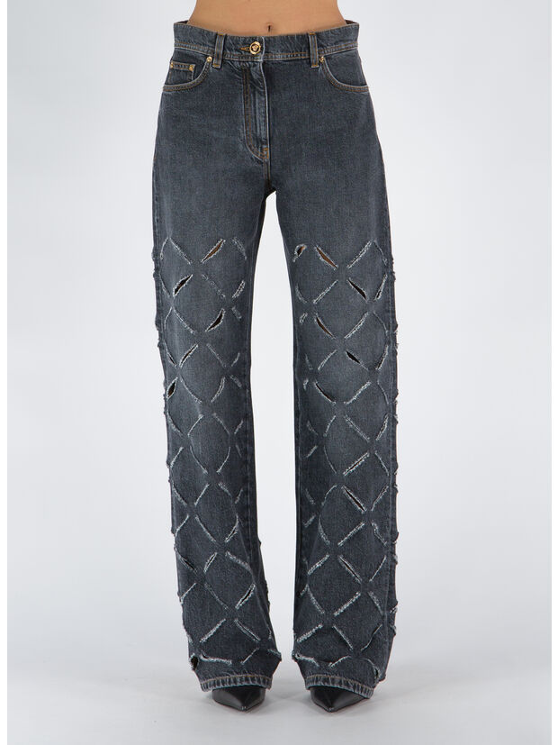 JEANS A GAMBA LARGA CON TAGLI, 1D430 GRIGIO SCURO, large
