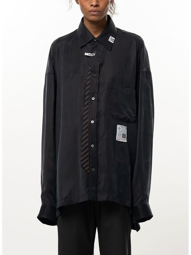 CAMICIA ATTACHED TIE SATIN, BLACK, large