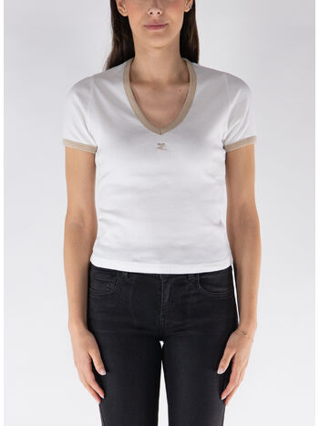 T-SHIRT CONTRAST V NECK, B131 WHITE HERITAGE/ SAND, small