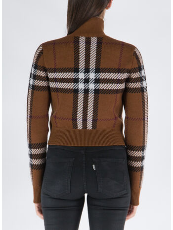 PULLOVER CROPPED IN LANA CON MOTIVO TARTAN IN JACQUARD, DARK BIRCH BROWN, small