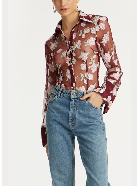 CAMICIA MESH BORDEAUX FLOWER PRINT, 2934 ZINFANDEL, medium