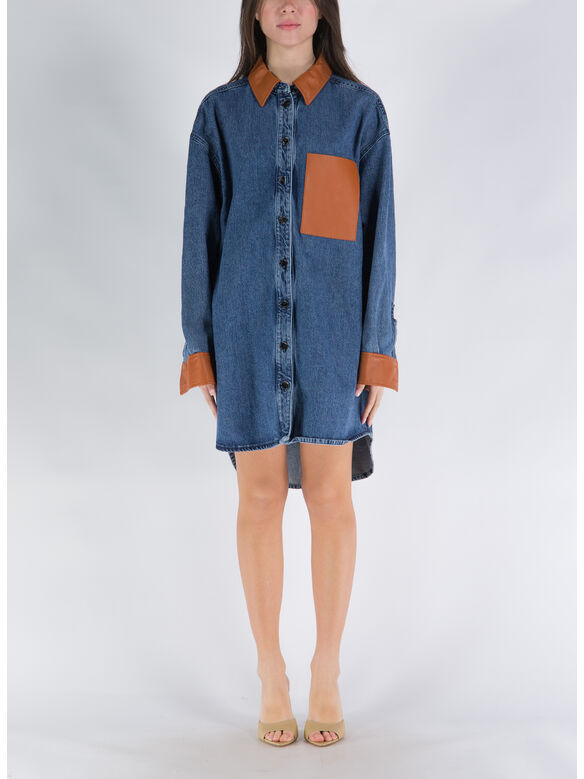 CAMICIA OVER DENIM SHIRT WITH LEATHER, 7378 BLUE DENIM+ COGNAC, medium