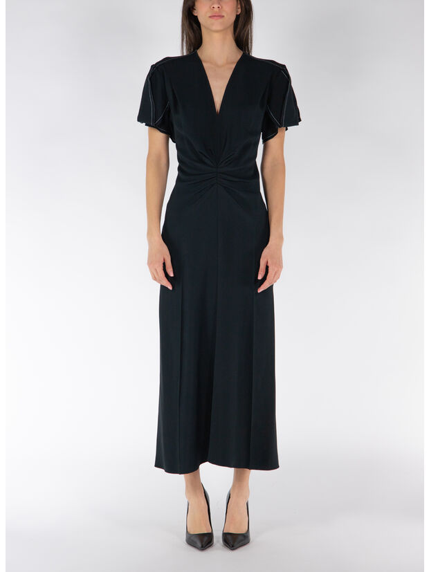 ABITO MIDI GATHERED V-NECK, BLACK BLACK, large