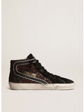 SCARPA GLITTER CON STELLA E VIRGOLA IN PELLE, 81993 COFFEE BROWN/BLACK/SILVER, thumb