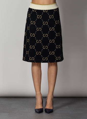 GONNA IN LANA GG LAVORATA A MAGLIA, 1182BLACKIVORYGOLD, small