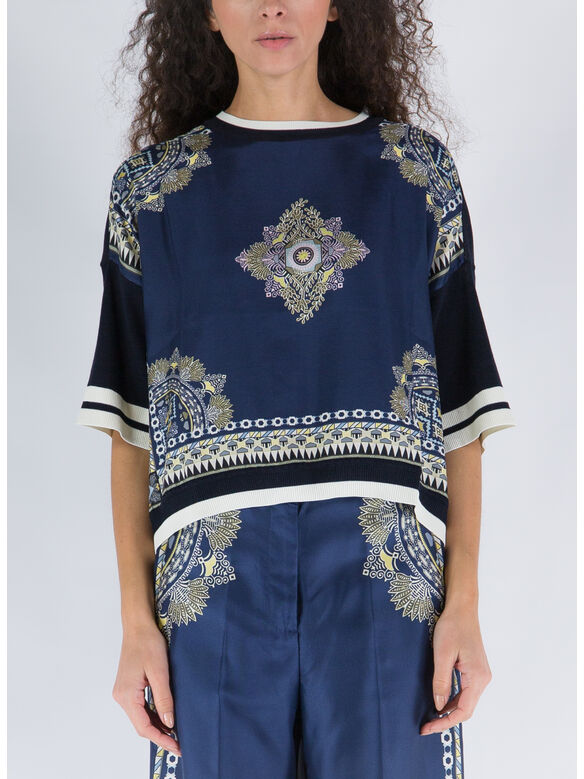 BLUSA A MANICHE CORTE CON INSERTO IN SETA, 200 BLU, medium