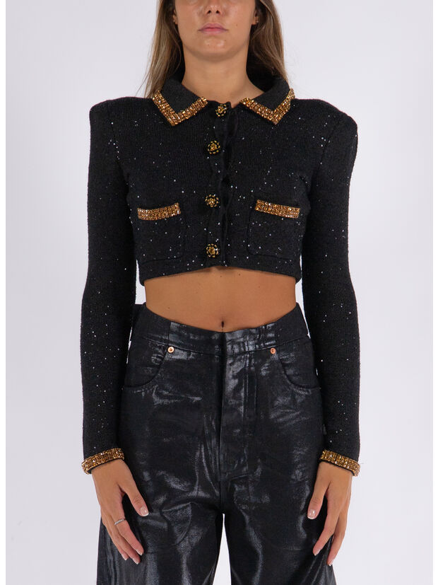CARDIGAN BLACK KNIT GOLD STRASS, BLACK, large