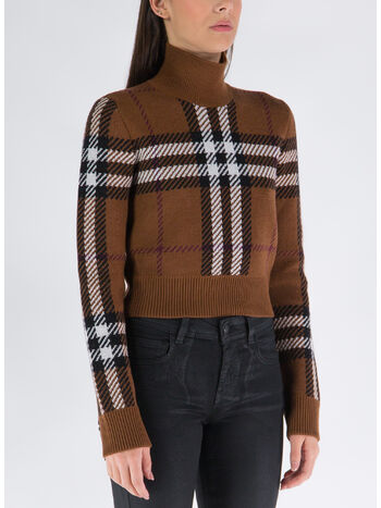 PULLOVER CROPPED IN LANA CON MOTIVO TARTAN IN JACQUARD, DARK BIRCH BROWN, small