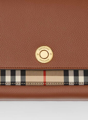 BORSA NOTE A TRACOLLA IN PELLE E TESSUTO CON MOTIVO VINTAGE CHECK, TAN, small