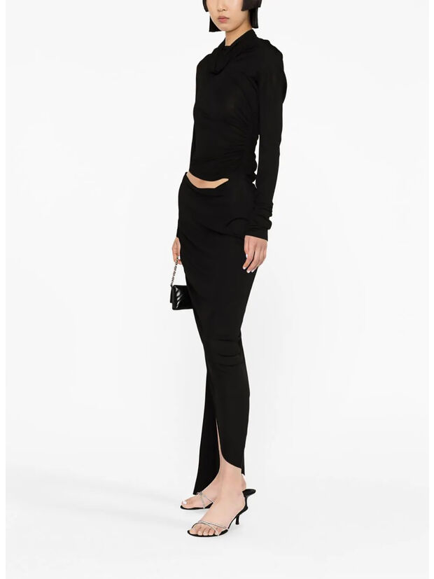 ABITO DRAPED JERSEY ASYMMETRIC MIDI, 0473 BLACK, large