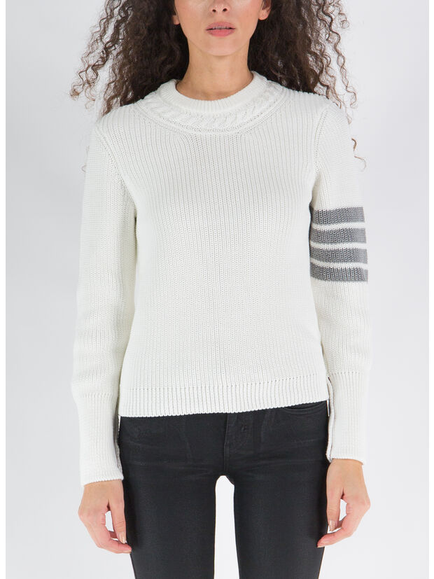 MAGLIONE PULLOVER HALF CARDIGAN STITCH CREW NECK, 100 WHITE, large